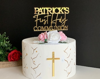 Custom Communion Cake Topper - Personalized Name and Cross Cake Charm - Christening Centerpiece