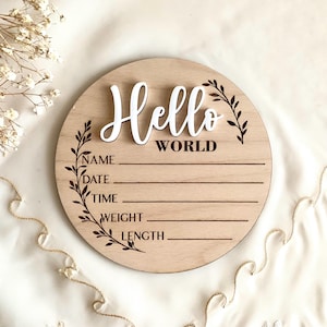 Cartello personalizzato per l'annuncio del bambino Hello World, cartello personalizzato per il nome del neonato - Targa ospedaliera con statistiche sulla nascita del bambino - Rivelazione del sesso e regalo ricordo