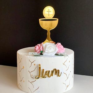 Topper per torta a forma di calice personalizzato, ciondolo per torta con nome personalizzato, taglio laser, nome per prima comunione, decorazione religiosa, battesimo.