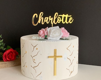 Personalized Name Cake Topper and Cross Cake Charm Christening Cake Topper Custom Name First Holy Communion Cake Baptism Decor God Bless