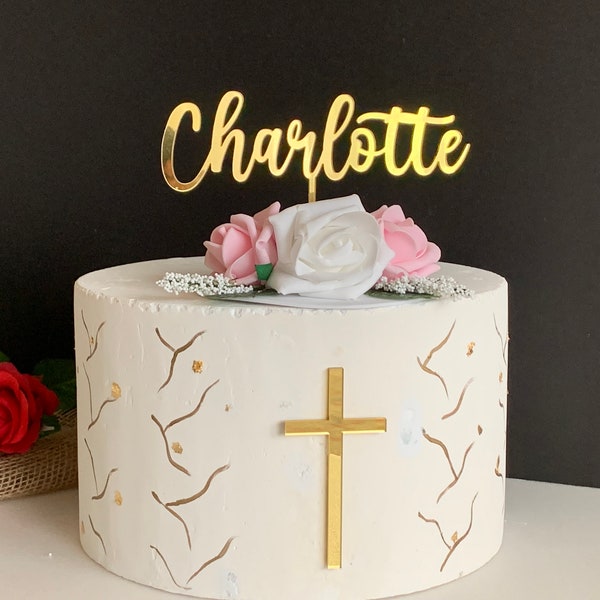 Personalized Name Cake Topper and Cross Cake Charm Christening Cake Topper Custom Name First Holy Communion Cake Baptism Decor God Bless