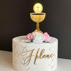 Topper per torta a forma di calice personalizzato, ciondolo per torta con nome personalizzato, taglio laser, nome per prima comunione, decorazione religiosa, battesimo.