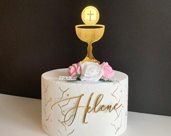 Personalizado cáliz taza pastel topper nombre personalizado pastel encanto corte láser nombre primera comunión, religioso, bautizo pastel topper bautismo decoración