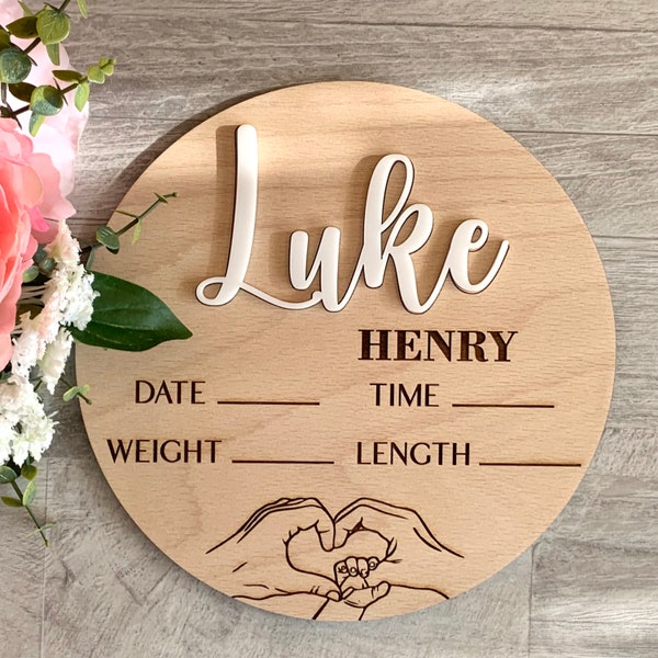 Personalized Baby Announcement Sign Family Heart Hands Mom Dad Kid Hands Custom Name Birth Stats Baby Arrival Baby Name Plaque Newborn Gifts