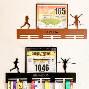 Personalized Running Medal Holder, Finisher Medal Hanger Race Bib Holder Custom Name Display for Medals & Race Numbers Metal Rack for Runner
