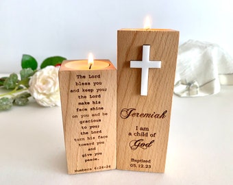 Gepersonaliseerde doopgift Cross Candle Holder Gegraveerde aangepaste naam & gedoopte datum Religieus theelicht Bijbelvers, God Bless, Custom Design