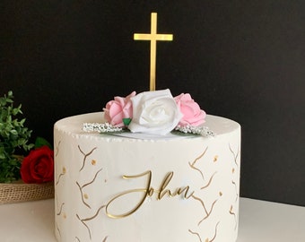 Custom Name Cake Charm & Acrylic Cross Cake Topper, Personalized Christening Cake Topper Baptism Name Plaque First Holy Communion, Any Color