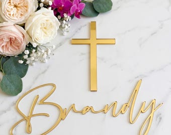 Personalized Name and Cross Cake Topper, Custom Baptism Christening Cake Decoration