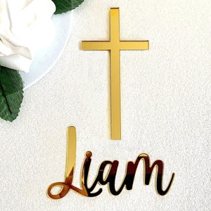 Personalized Name Cake Charm & Cross Custom Christening Cake Topper Baptism Decor Laser Cut Name Cake Plaque Mirror Acrylic, Available Sizes