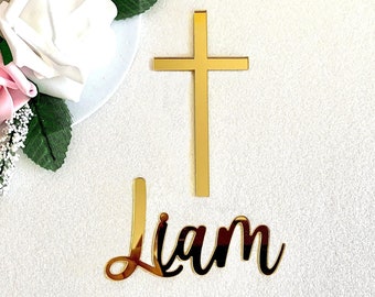 Personalized Name Cake Charm & Cross Custom Christening Cake Topper Baptism Decor Laser Cut Name Cake Plaque Mirror Acrylic, Available Sizes