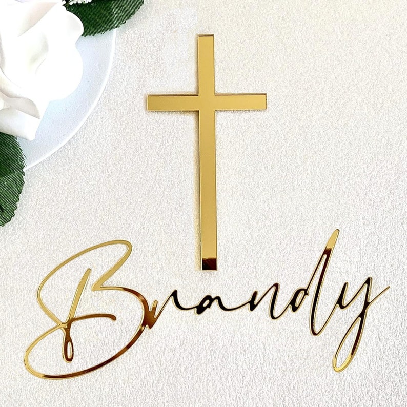 Personalized Name Cake Charm & Cross Custom Christening Cake Topper Baptism Decor Laser Cut Name Cake Plaque Mirror Acrylic, Available Sizes zdjęcie 1