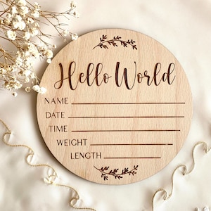 Cartello personalizzato per l'annuncio dell'arrivo del bambino, Hello World, targa con le statistiche di nascita, cartello con il nome dell'ospedale inciso in legno, disco di benvenuto per neonato, decorazione per la cameretta dei bambini