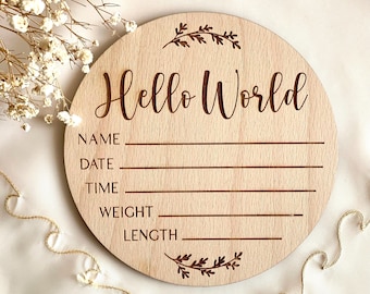 Personalized Hello World Baby Announcement Sign - Engraved Custom Birth Stats - Hospital Name Sign