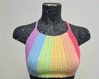 Crochet  Pride Pastel Rainbow Halter Top / Boho Hippie Festival Outfit / Bi Feminism Rave Crop Top /  LGBTQ