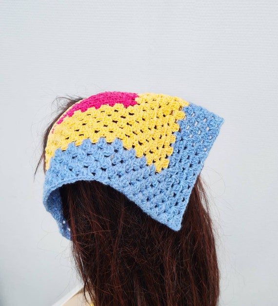 Handmade Rainbow Crochet Hair Scarf Handmade Rainbow Crochet Bandana, Boho Triangle Head Scarf  main image 3