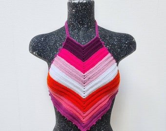 Crochet Lesbian Pride Rainbow Halter Top / Boho Hippie Festival Outfit / Bi Feminism Rave Crop Top /  LGBTQ