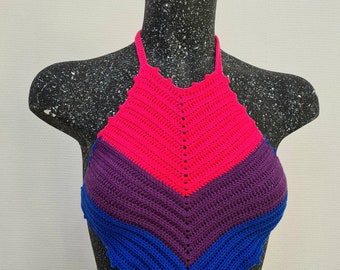 Crochet Bisexual Pride Rainbow Halter Top / Boho Hippie Festival Outfit / Bi Feminism Rave Crop Top /  LGBTQ