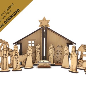 May include: A wooden nativity scene with a star on top of the stable. The scene includes figures of Mary, Joseph, baby Jesus, shepherds, animals, and a well. The figures are all cut out of wood and painted in natural colors.