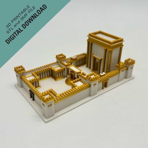 May include: A 3D-printed model of a temple, with white walls and gold detailing. The model showcases architectural features like columns and walls. The image includes the text "3D PRINTABLE STL and 3MF FILE DIGITAL DOWNLOAD".
