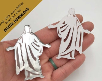 Downloadable SVG, DXF and LBRN2 files so you can Lasercut your own Christus magnet, ornament, wall hanging and mini Christus on stand