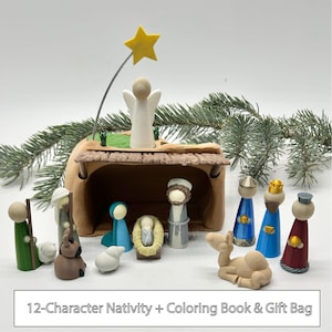 Nativity Playset – 12 Figurines, Educational Story Coloring Book, Burlap Gift Bag, Christmas Nativity set