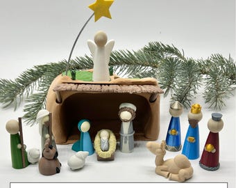 Belén navideño: 12 figuras, libro para colorear con cuentos educativos, bolsa de regalo de arpillera.