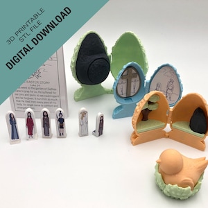 May include: A 3D printed Easter story set with colourful eggs that open to reveal scenes from the Bible. The set includes a bird, a cross, and figures of people. The text on the card reads "Easter Story Luke 24".