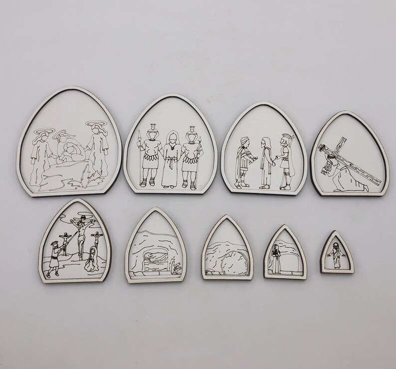 May include: Set of 10 wooden plaques with black line drawings depicting scenes from the Passion of Christ. The plaques are shaped like arches and have a white background.