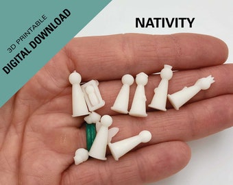 3D print downloadable STL files to 3D print your own 23 piece miniature peg doll Nativity set, all separate pieces