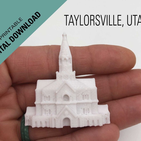 Downloadable 3D print STL files to print your own Taylorsville, Utah temple magnet. Two different sizes, one for a cupcake topper, lds party