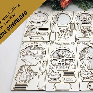 Download files so you can lasercut these 6 different slotted Nativity ornaments. These are on cards which make easy gifts! svg, dxf, lbrn2