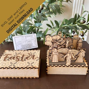 May include: A laser-cut wooden Easter-themed display. The display features a box with the word "Easter" and a decorative pattern. A separate scene depicts a religious narrative. The image includes the text "DIGITAL DOWNLOAD".