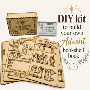 May include: A DIY kit for a wooden advent bookshelf book featuring a laser-cut box labeled The Birth of Jesus, a printed story booklet, and several flat wooden sheets with engraved figures and scenes related to the nativity story.