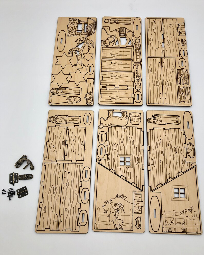 May include: A wooden nativity scene craft kit with laser-cut pieces. The kit includes a stable, a camel, a palm tree, a star, and figures of Mary, Joseph, and the baby Jesus. The kit also includes hardware for assembly.