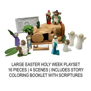 May include: A large Easter Holy Week playset with 16 pieces, including 4 scenes and a coloring booklet with scriptures. The set features figures and a diorama of the Easter story, with text that reads "The Week That Changed Everything."