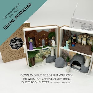 May include: A 3D printed Easter book playset with a white background. The book is open and shows scenes from the Bible story of Jesus's life. The book is titled "The Week That Changed Everything".