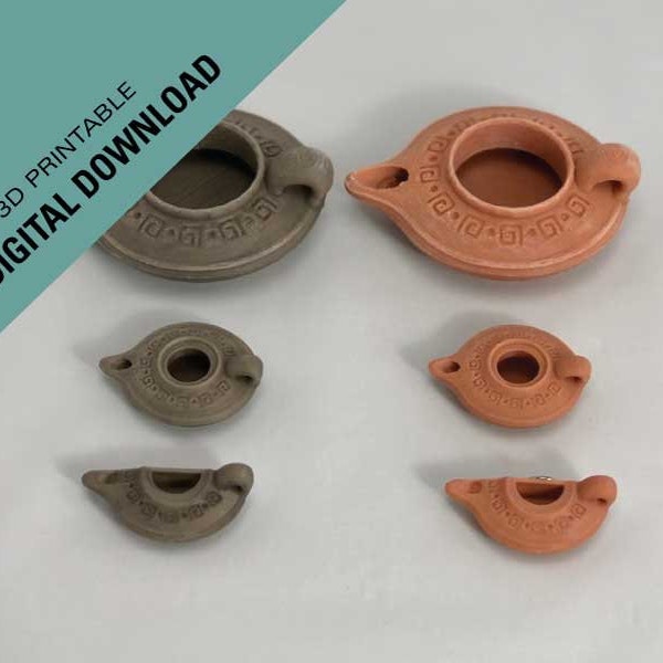 Downloadable 3D printable STL files to print your own decorative oil lamps, normal size, miniature and magnet