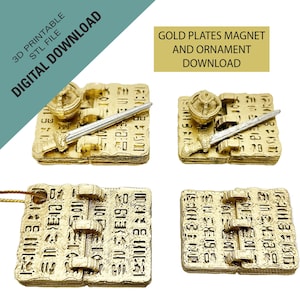 May include: Gold-coloured 3D-printed magnets and ornaments featuring an ancient Egyptian design. The image shows four pieces, some with a sword-like element and a circular top. Text on the image reads "3D Printable STL File DIGITAL DOWNLOAD" and "GOLD PLATES MAGNET AND ORNAMENT DOWNLOAD."