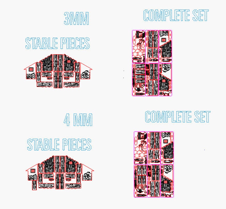 May include: Two sets of laser cut wooden house plans, one set for 3mm wood and one set for 4mm wood. Each set includes the complete set of pieces needed to build the house.