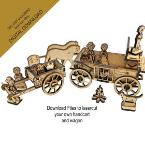Download bestanden naar lasercut Handcart en Pioneer wagon DIY-kaarten Come Follow Me 2025 Wagon Trek DIY kit wagon handcart replica svg dxf lbrn2
