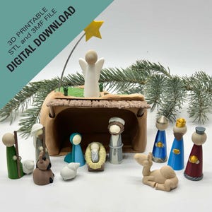 May include: A wooden nativity scene featuring figures like an angel, baby Jesus, and the three wise men. The scene is set in a stable with a star. Text on the image reads "3D PRINTABLE STL and 3MF FILE DIGITAL DOWNLOAD."
