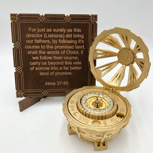 Large 3D printed Liahona with real working compass, beautiful gift box for weddings, handmade, plastic, decorative plaque option with easel. Liahona with plaque