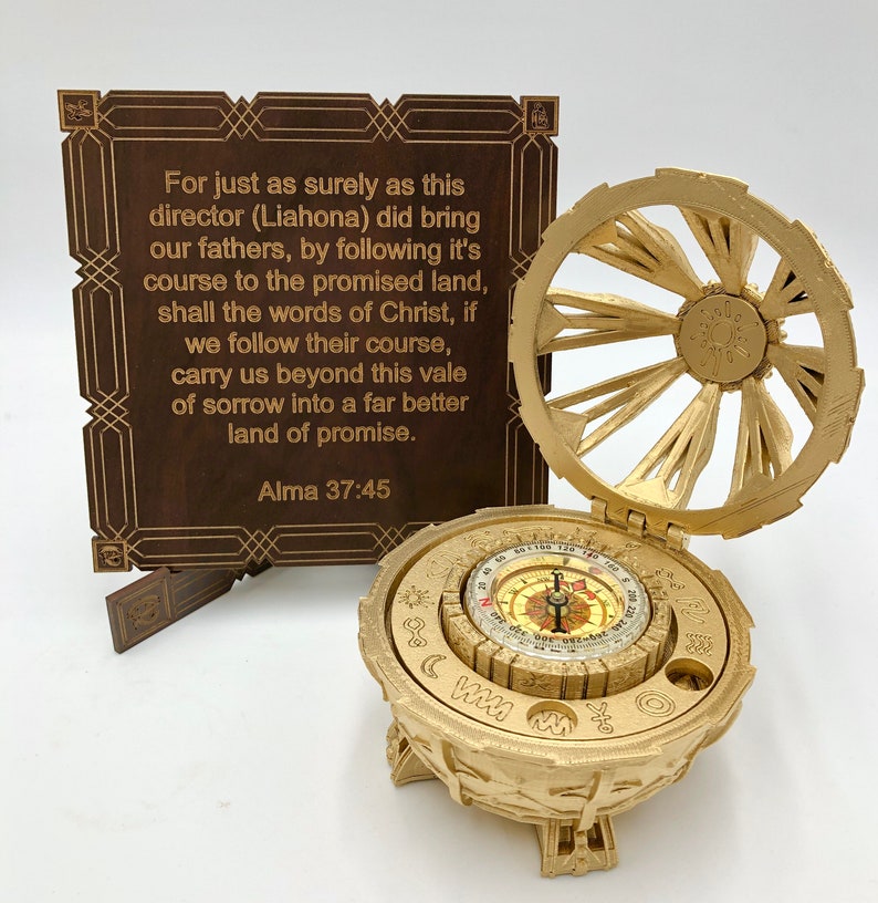 Large 3D printed Liahona with real working compass, beautiful gift box for weddings, handmade, plastic, decorative plaque option with easel. Liahona with plaque