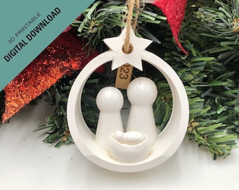 Downloadable 3d print STL file to 3D print your own Nativity Christmas ornament unique handmade Round stable with star on top, STL ornament