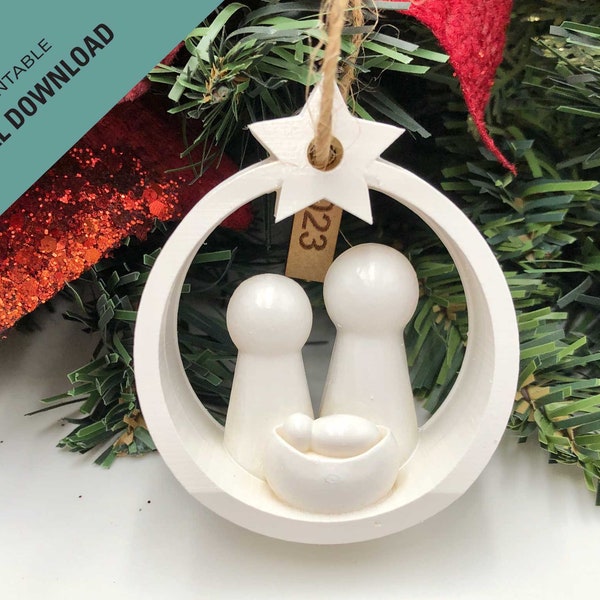 Downloadable 3d print STL file to 3D print your own Nativity Christmas ornament unique handmade Round stable with star on top, STL ornament