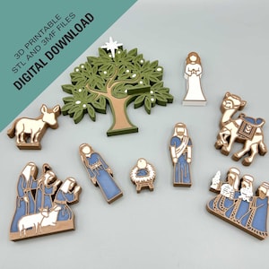 Puede incluir: Un conjunto de figuras de belén impresas en 3D en varios colores. El conjunto incluye un árbol, un burro, un ángel, un camello y figuras con túnicas azules y blancas. El texto "3D PRINTABLE STL AND 3MF FILES DIGITAL DOWNLOAD" es visible.