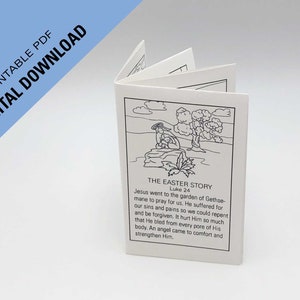 May include: Black and white printable coloring page of Jesus praying in the Garden of Gethsemane. The text reads "The Easter Story, Luke 24, Jesus went to the garden of Gethsemane to pray for us. He suffered for our sins and pains so we could repent and be forgiven. It hurt Him so much that He bled from every pore of His body. An angel came to comfort and strengthen Him."