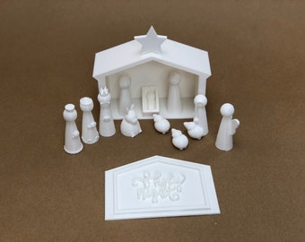 Personalize your white paintable Peg doll Nativity set-craft for kids with stable that doubles as a storage box, awesome gift, 3D printed