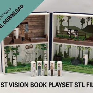May include: A 3D printed model of a book depicting the First Vision of Joseph Smith. The book is open to reveal a scene with two figures, a cow, and a forest. The text "This is My Beloved Son" is visible on the page. The book is part of a playset with STL files for printing.