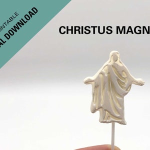 Downloadable STL files so you can 3D print your own Christus magnet, zipper pull, cupcake topper, ornament and large Christus for decor.